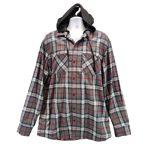Flag & Anthem Paxton Plaid Hooded Flannel Thermal Lined Shacket Red/Blue/Gray XL - Picture 1 of 12